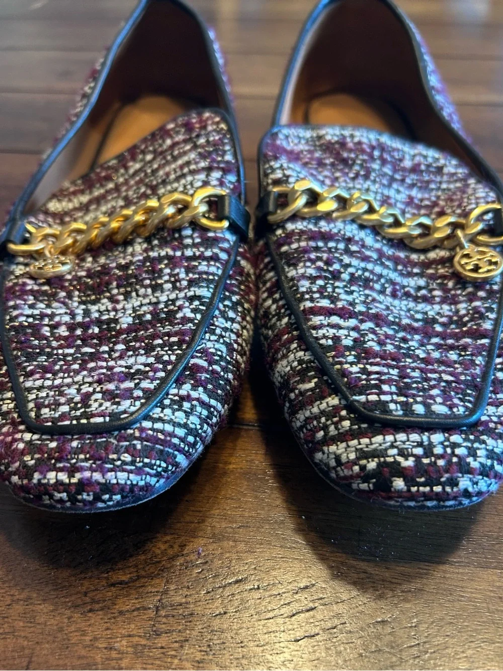 Tory Burch Mini Benton Loafers Size 10 Gold Charm Multicolor Tweed